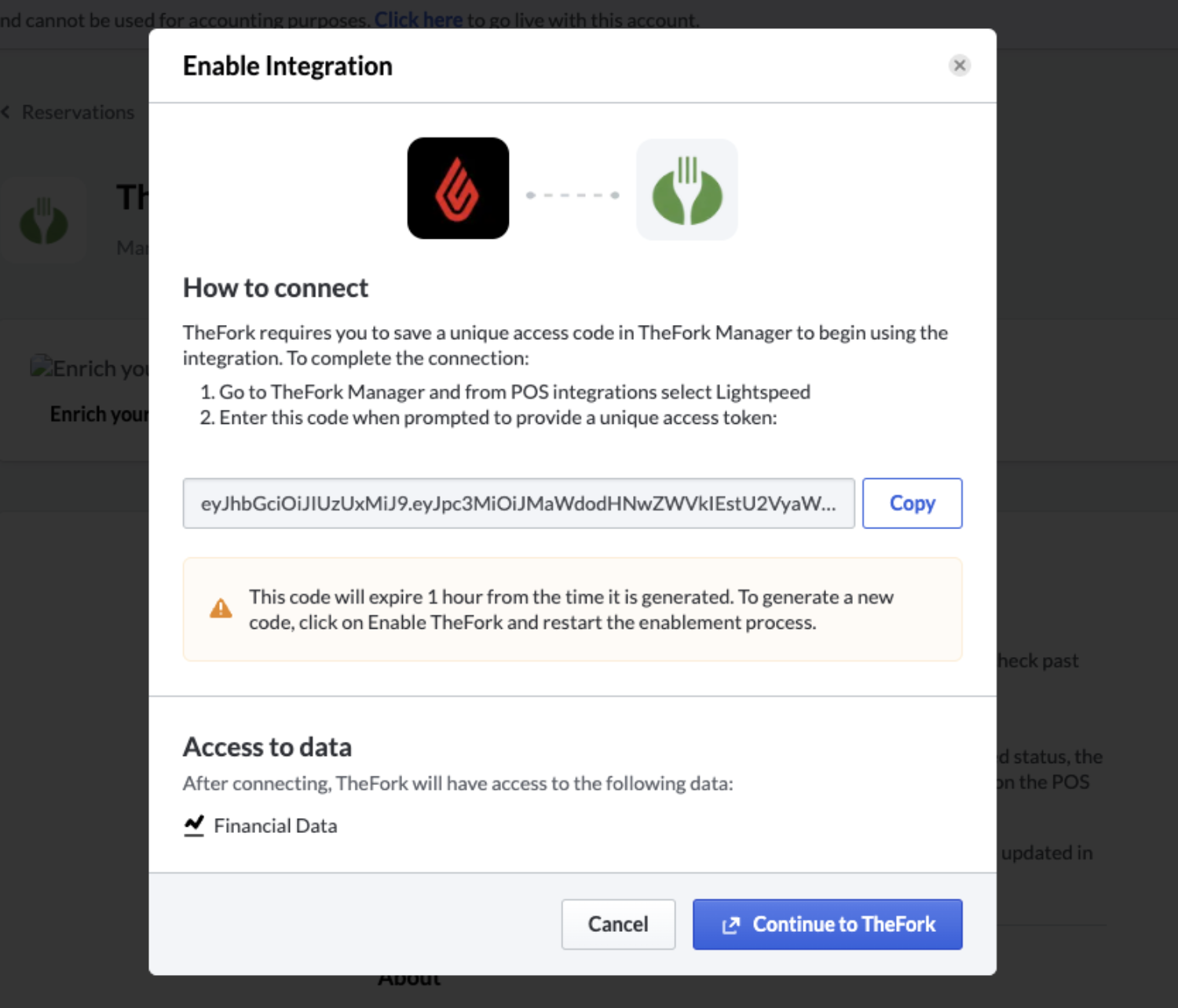Jeton de connexion TheFork dans la fenêtre contextuelle de configuration