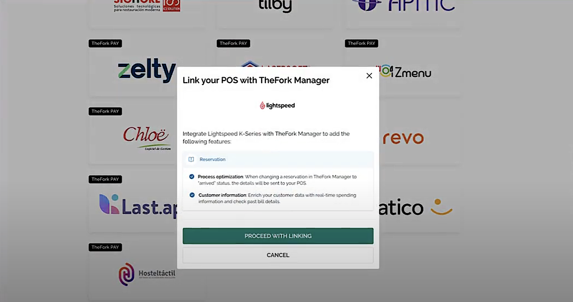 Het verzoek op de koppelingspagina van TheFork-integratie om je account met Lightspeed te koppelen