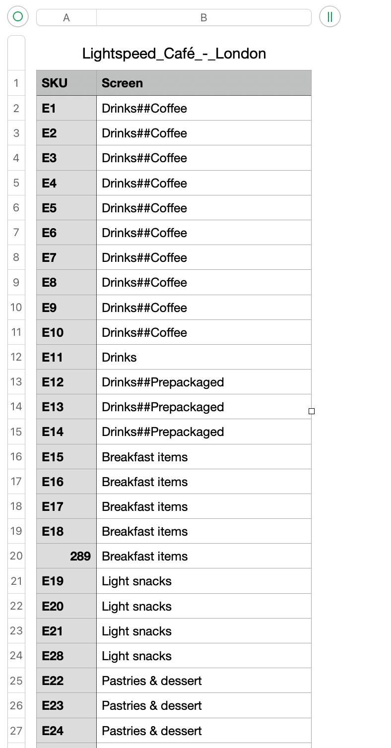 Exemple de menu avec les colonnes SKU et Screens