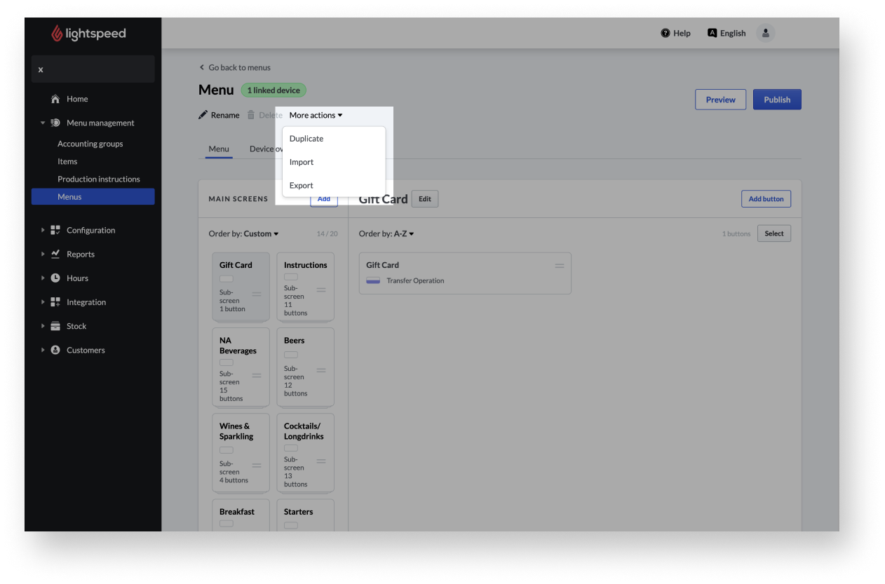 Dropdown mit Optionen zum Importieren, Exportieren und Duplizieren