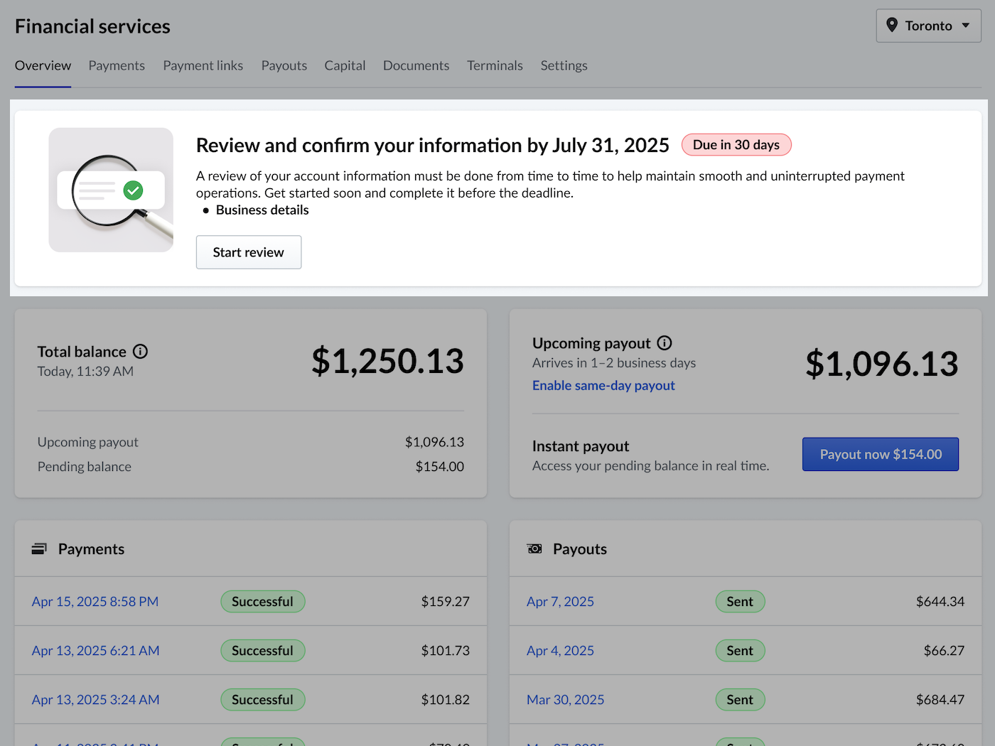 The Financial Services page in Lightspeed Back Office. A banner prompting the user to review their information has been highlighted.