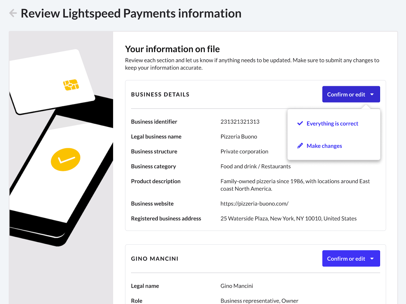 A page titled 'Your information on file' with the option to confirm or edit business details visible.