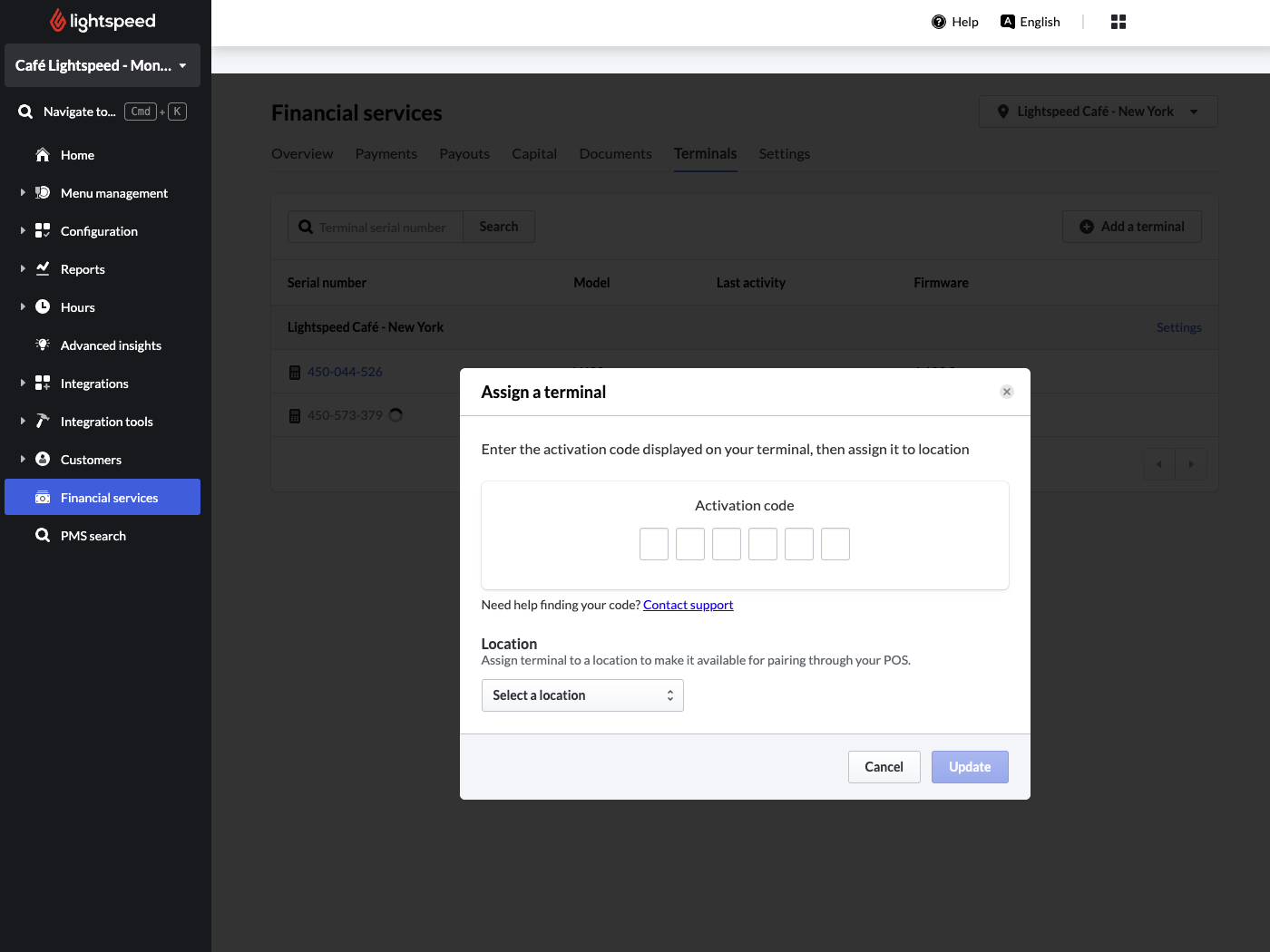 The Financial Services tab of Lightspeed Restaurant. There is a pop-up window titled 'assign a terminal' with a field to enter an activation code.