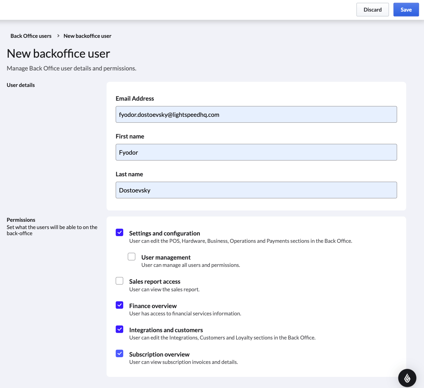 An example of a new Back Office user