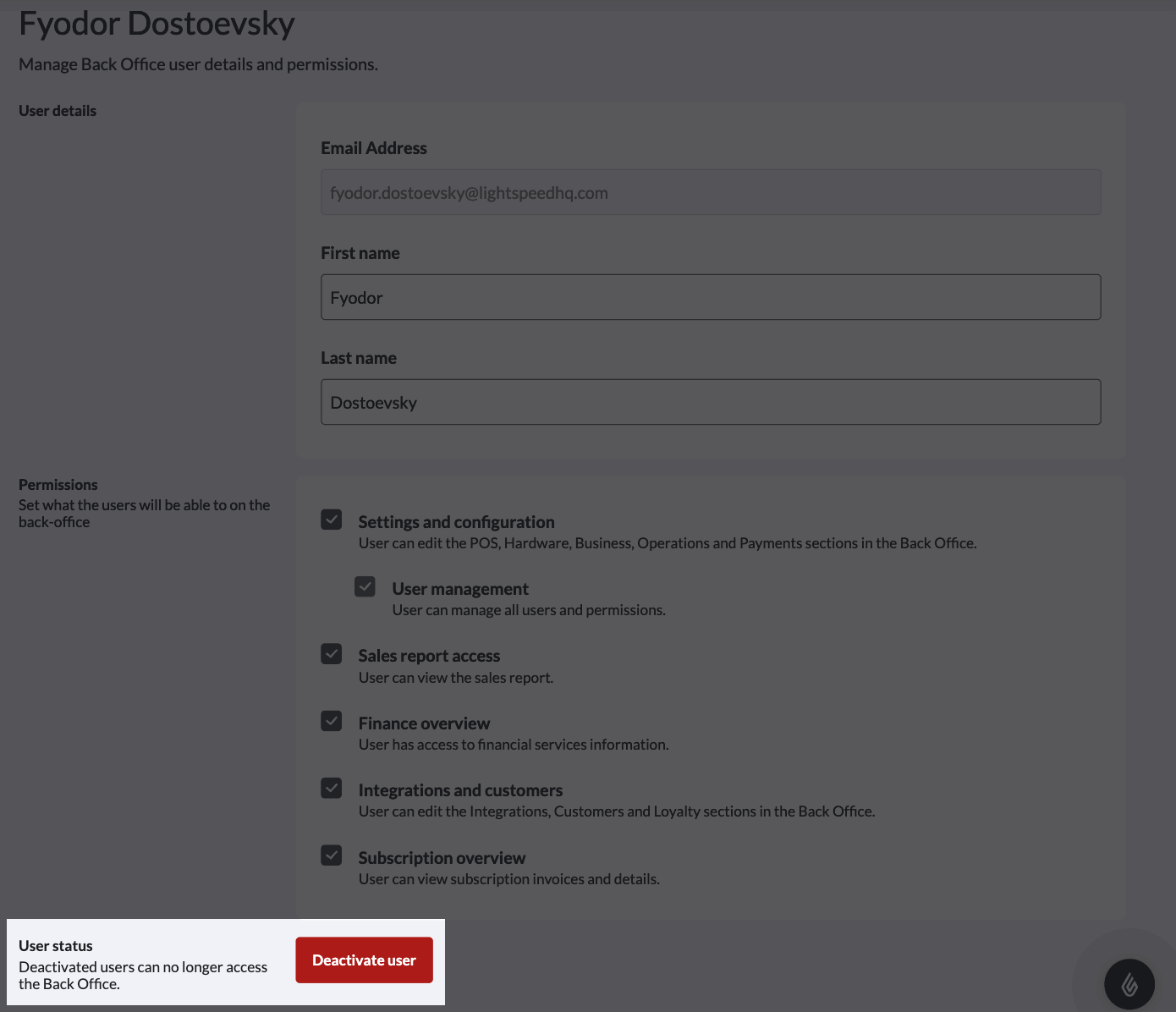 The Deactivate user button highlighted