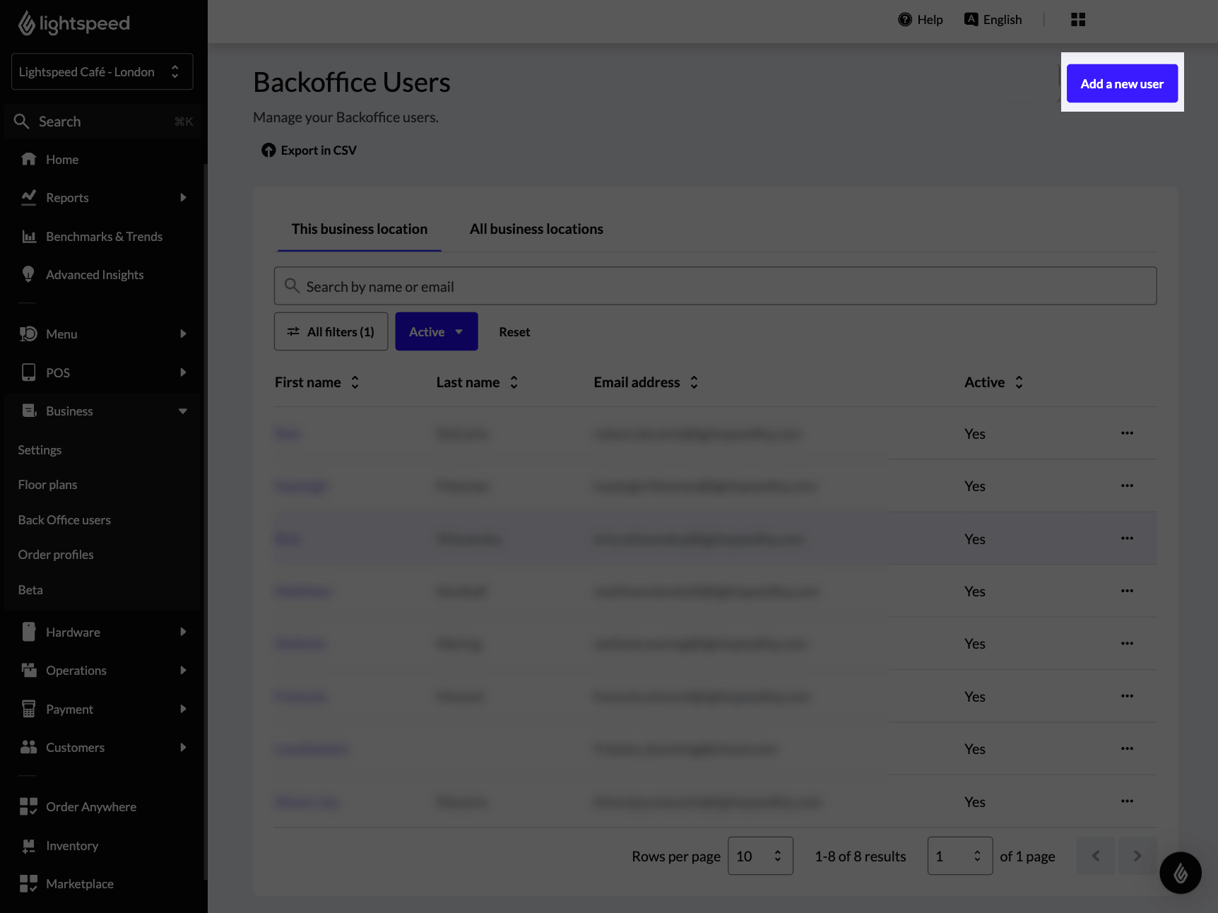The Back Office users page with the Add a new user button highlighted