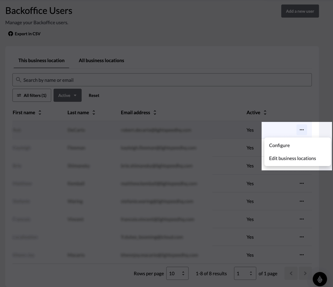 The Back Office user three-dot menu highlighted
