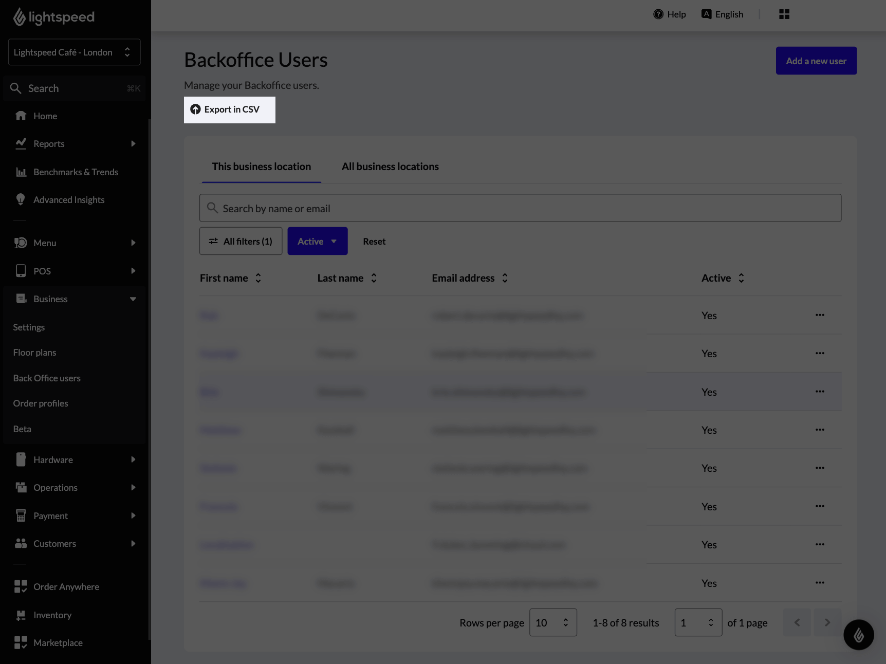 The Export in CSV button highlighted