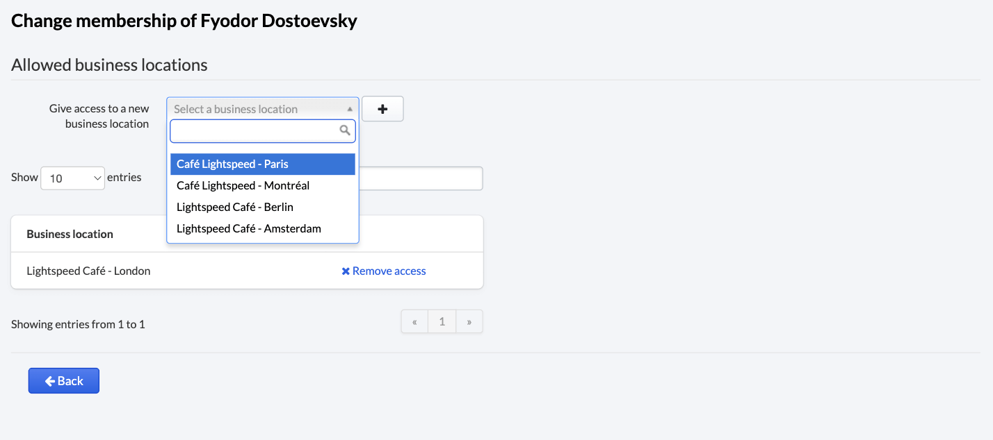 The business location page with the dropdown menu