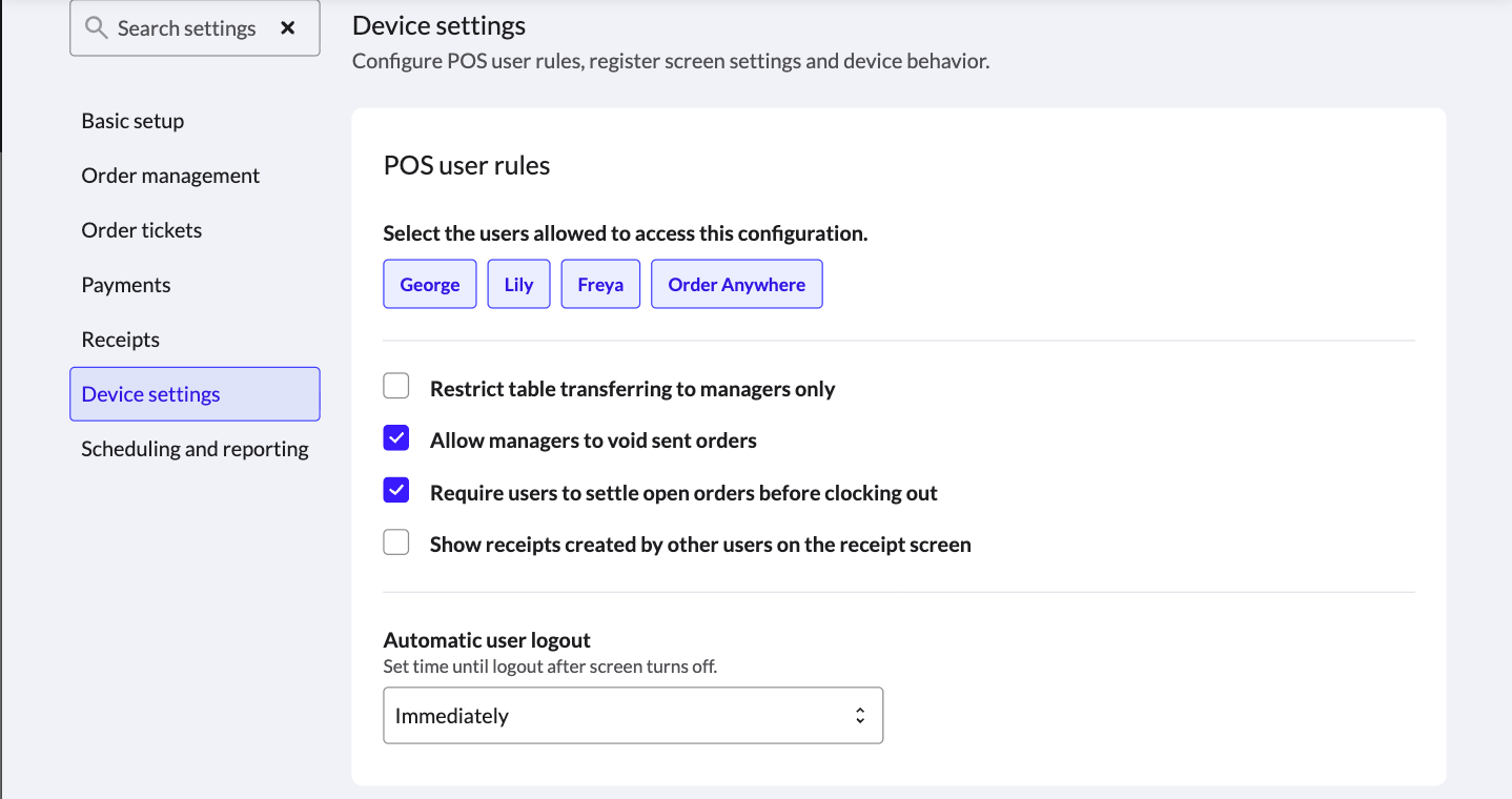 The Device settings tab in Configurations