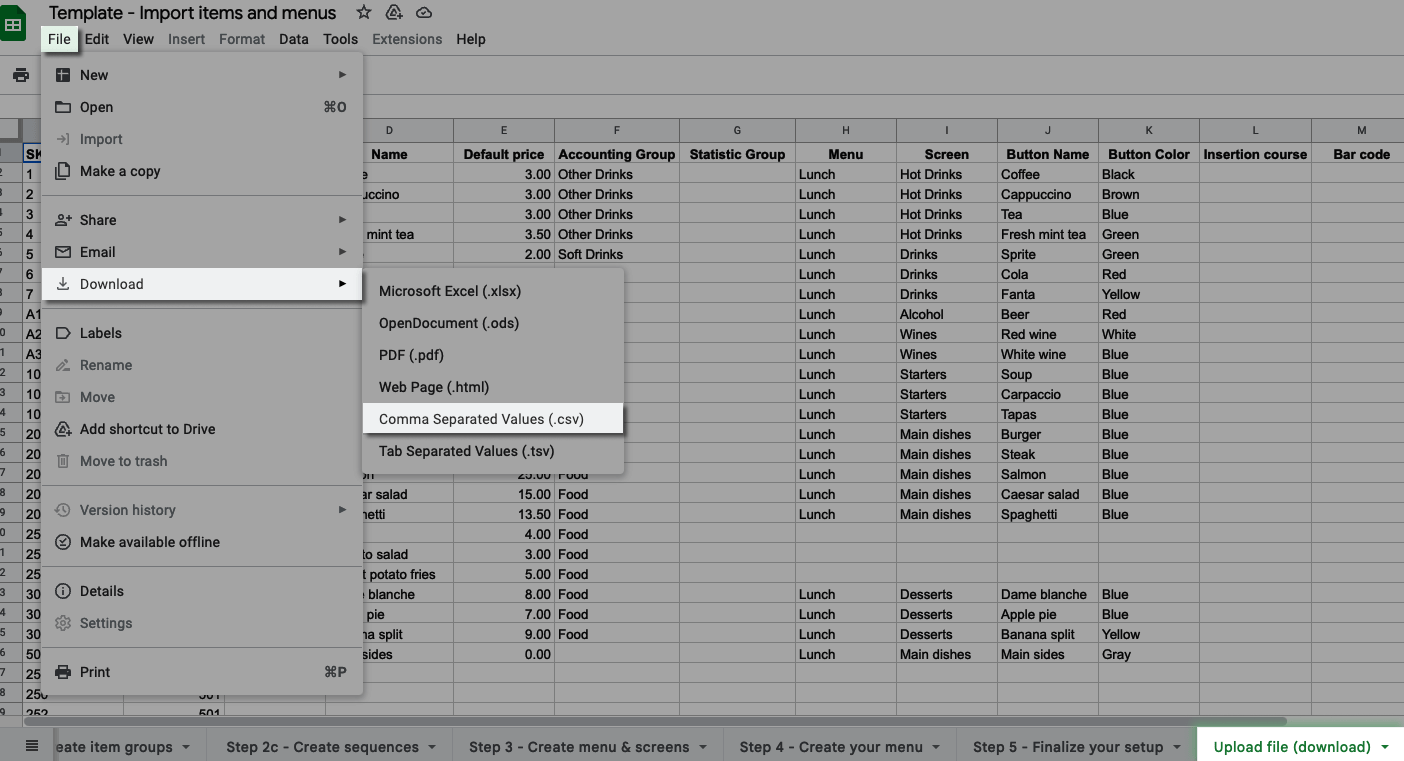 Restaurant Import file
