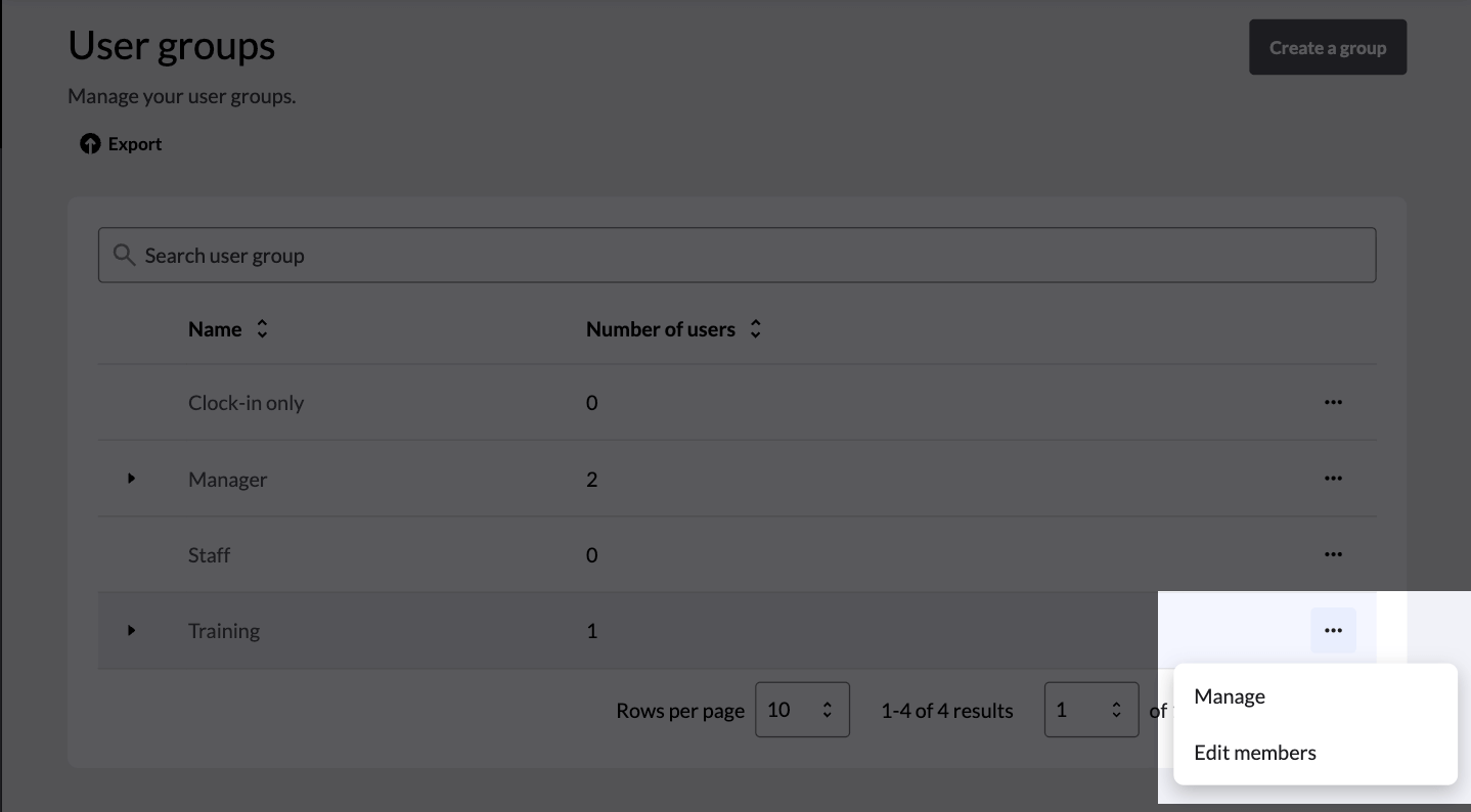 The user groups three-dot menu highlighted