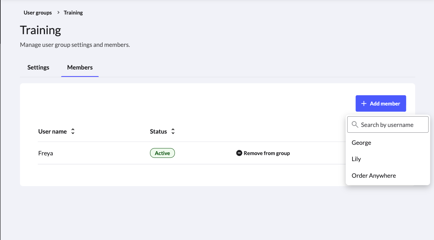 The dropdown menu used to add members to a user group