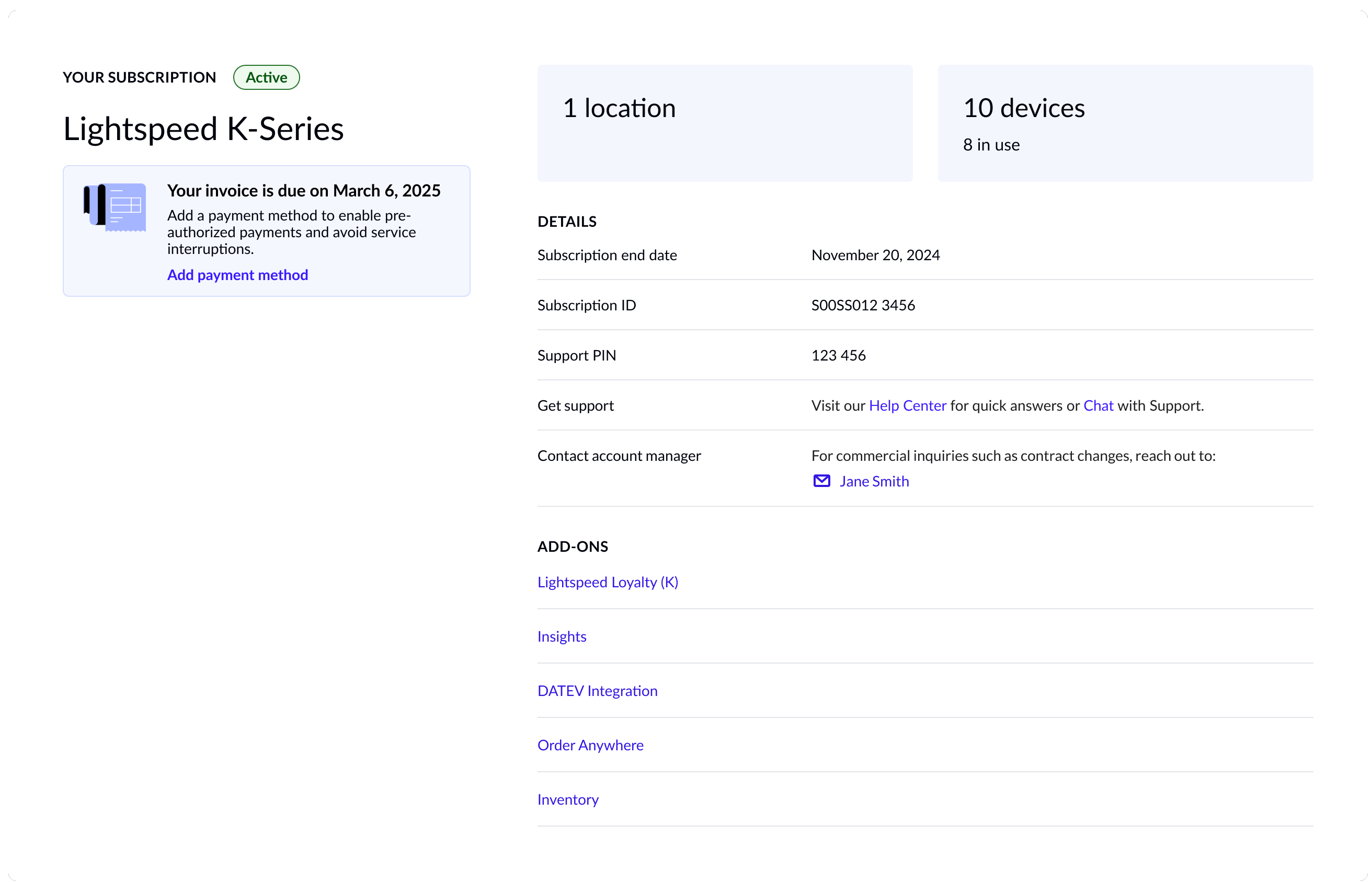 Het tabblad Overzicht op de pagina Abonnement en facturering