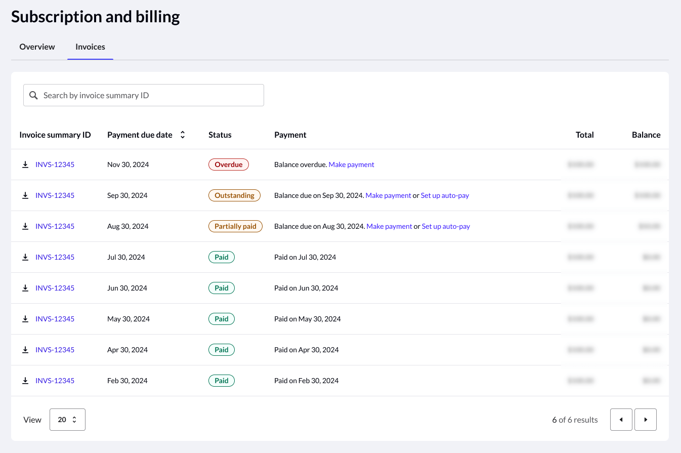 Het tabblad Facturen op de pagina Abonnement en facturering