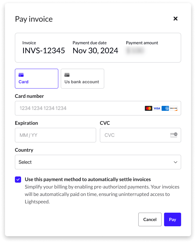 The pay invoice screen