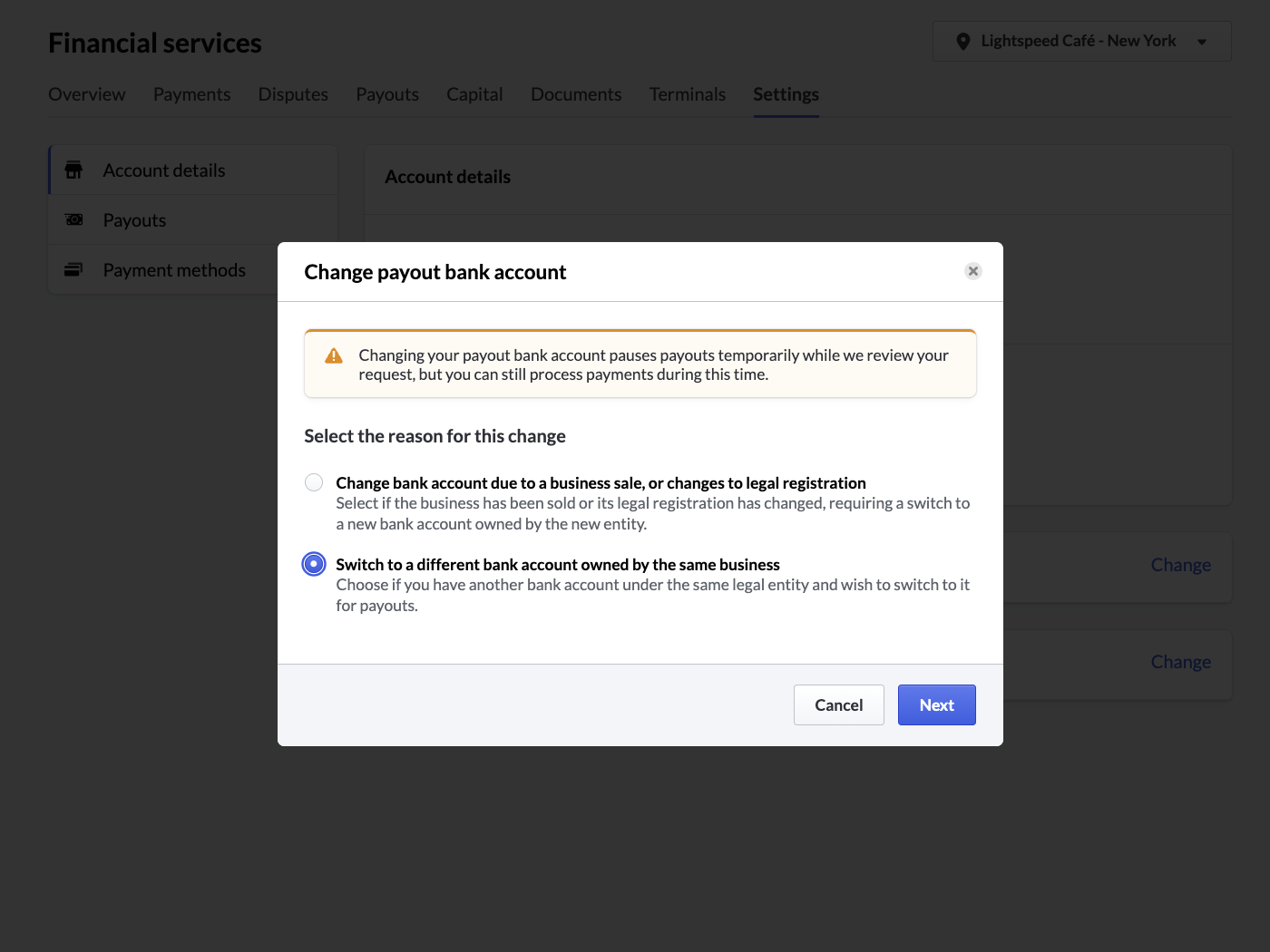 A pop-up module confirming the reason for the account change.