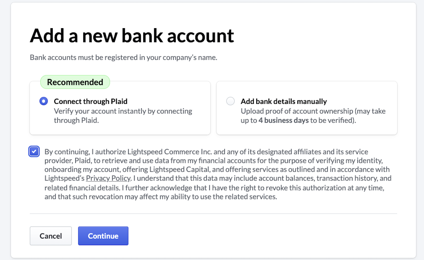 A module reading 'Add a bank account' with the option to connect through Plaid.