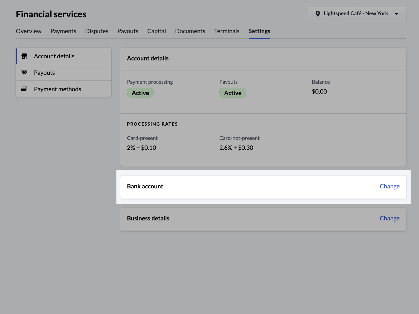 The Settings page of the Financial Services tab with the bank account change section highlighted.