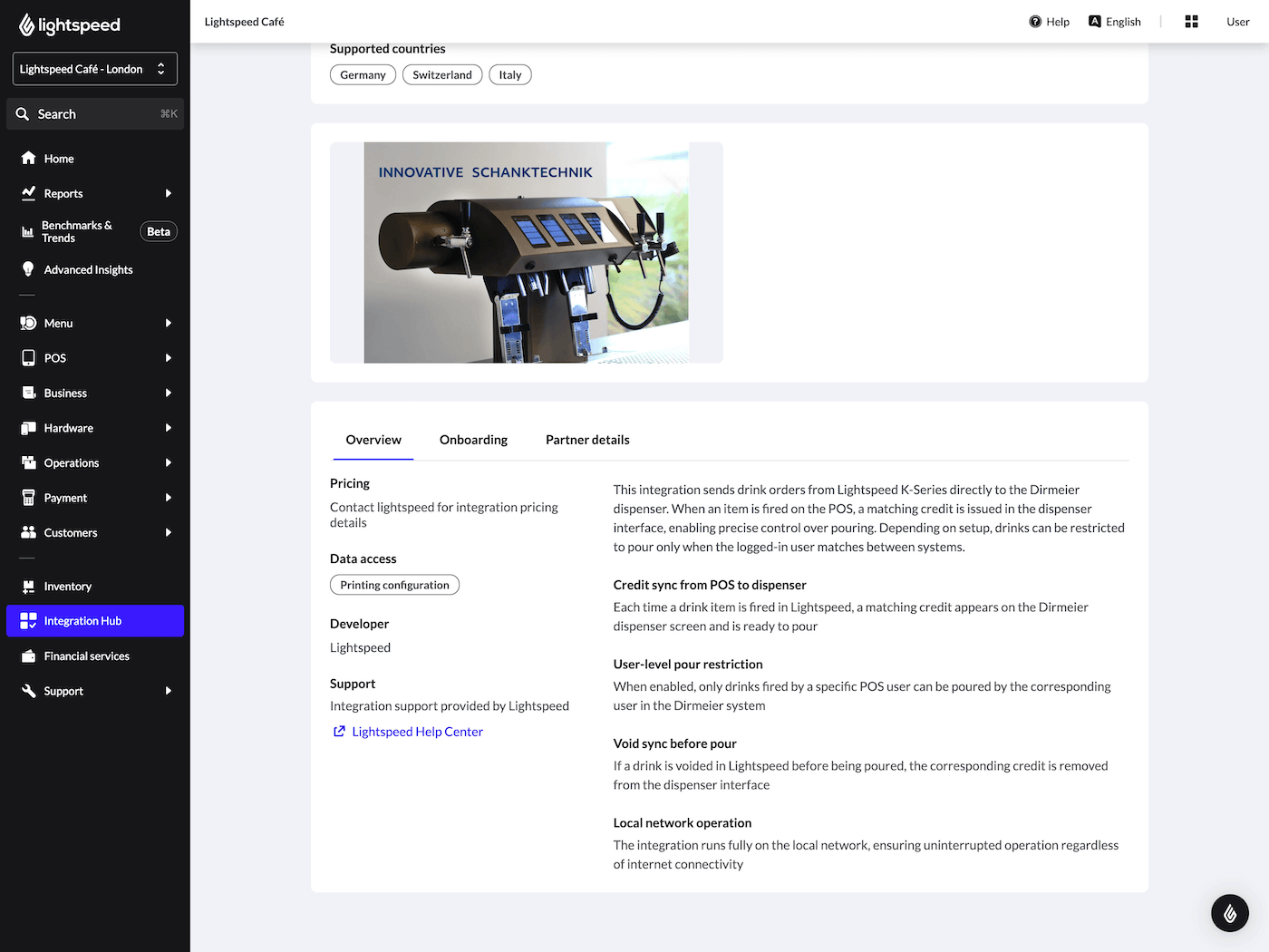 More details for a drink dispenser integration in the Integration Hub