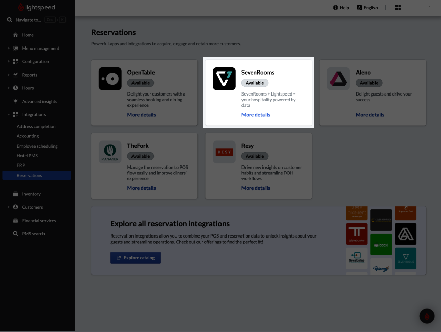 SevenRooms listing on the Reservations page in Back Office