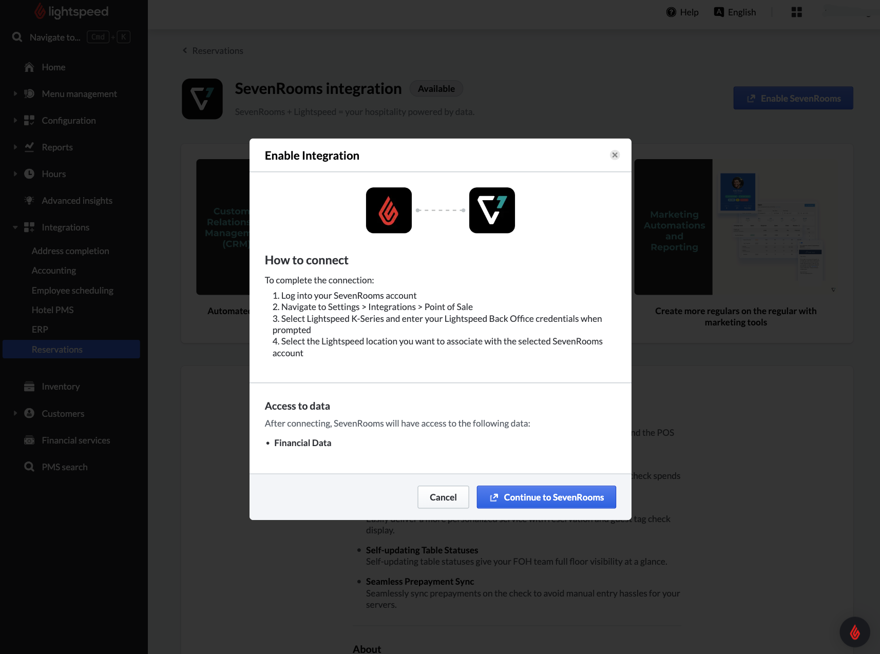 Screenshot of SevenRooms popup with instructions