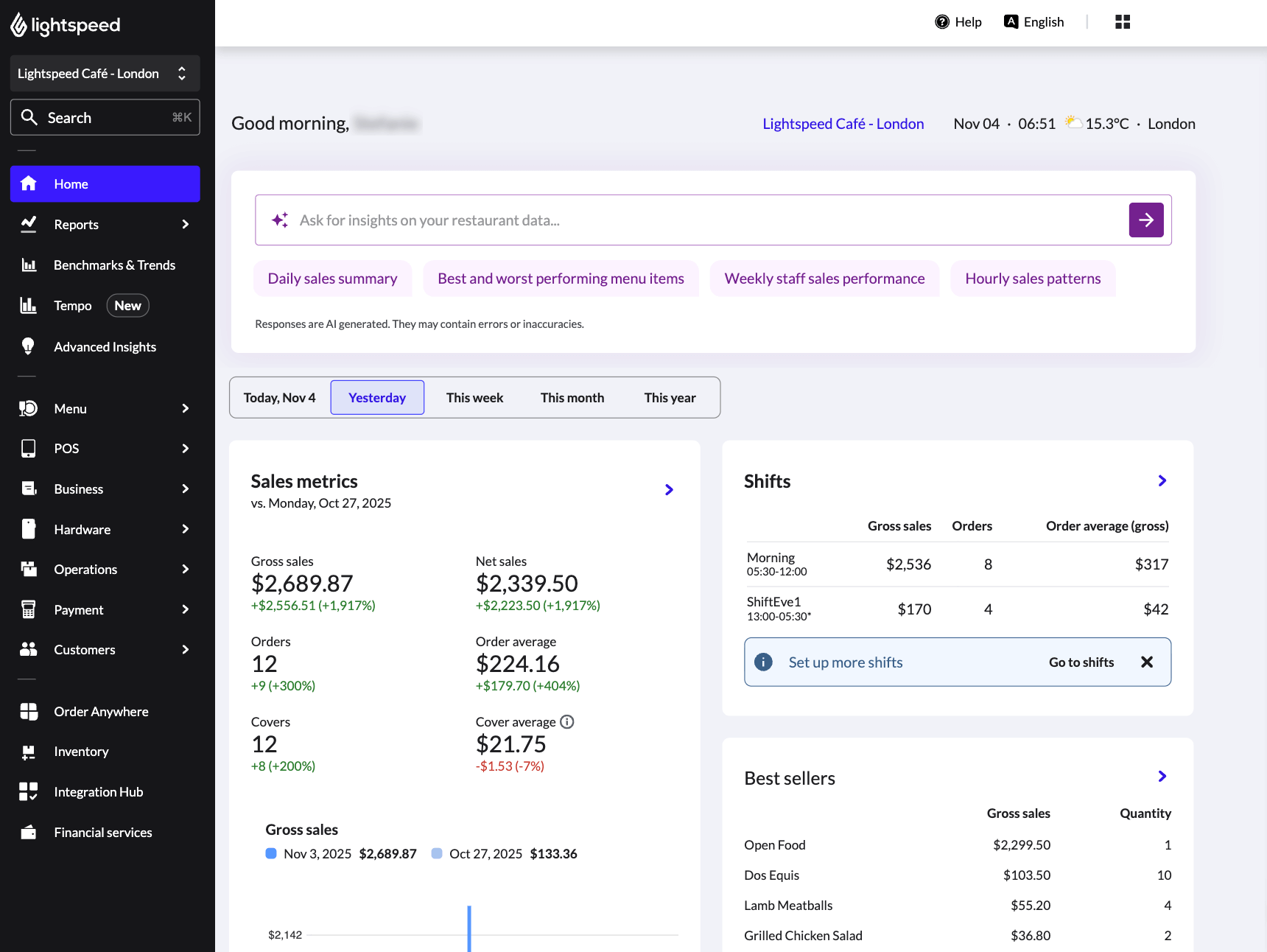 The Insights AI text box and suggestion buttons on the Home page