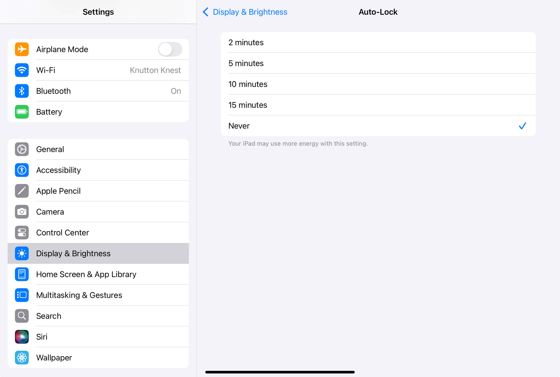 The Auto-Lock option set to Never