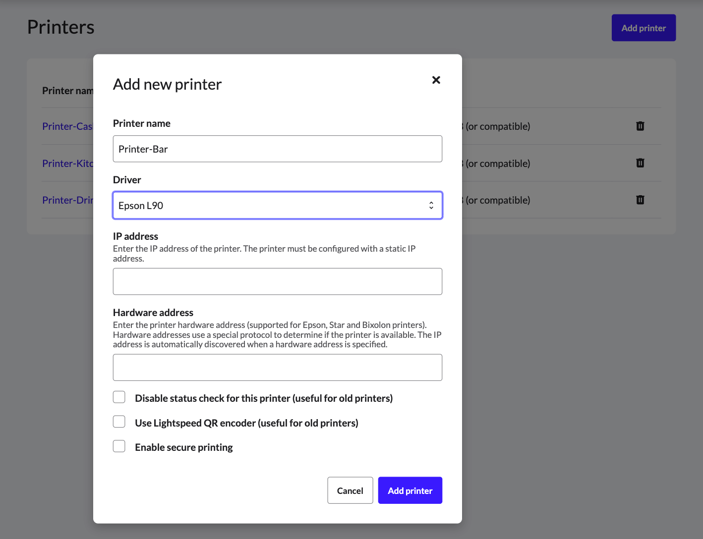 The pop-up modal to add a new printer to Lightspeed Restaurant
