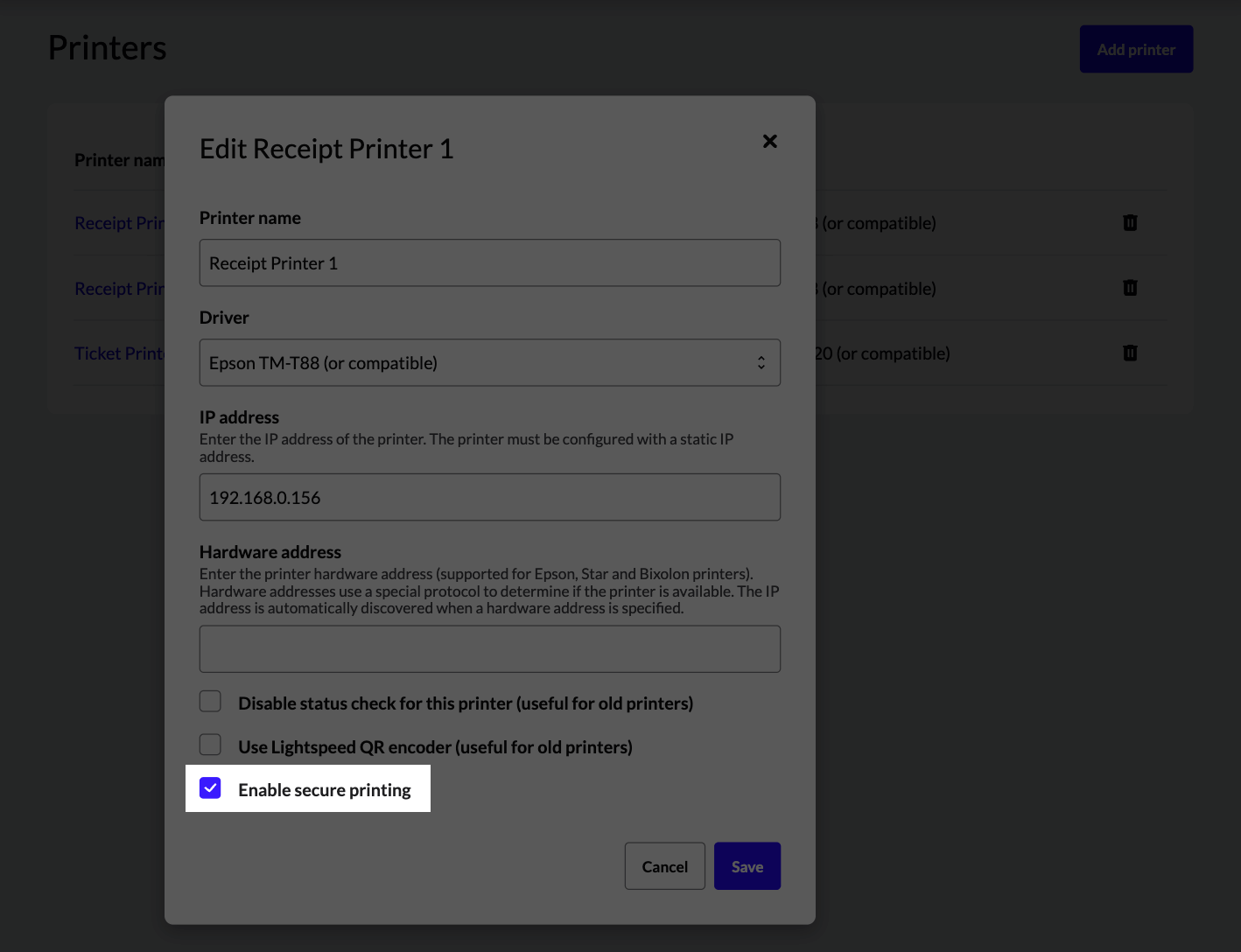 The Enable secure printing box checked off and highlighted