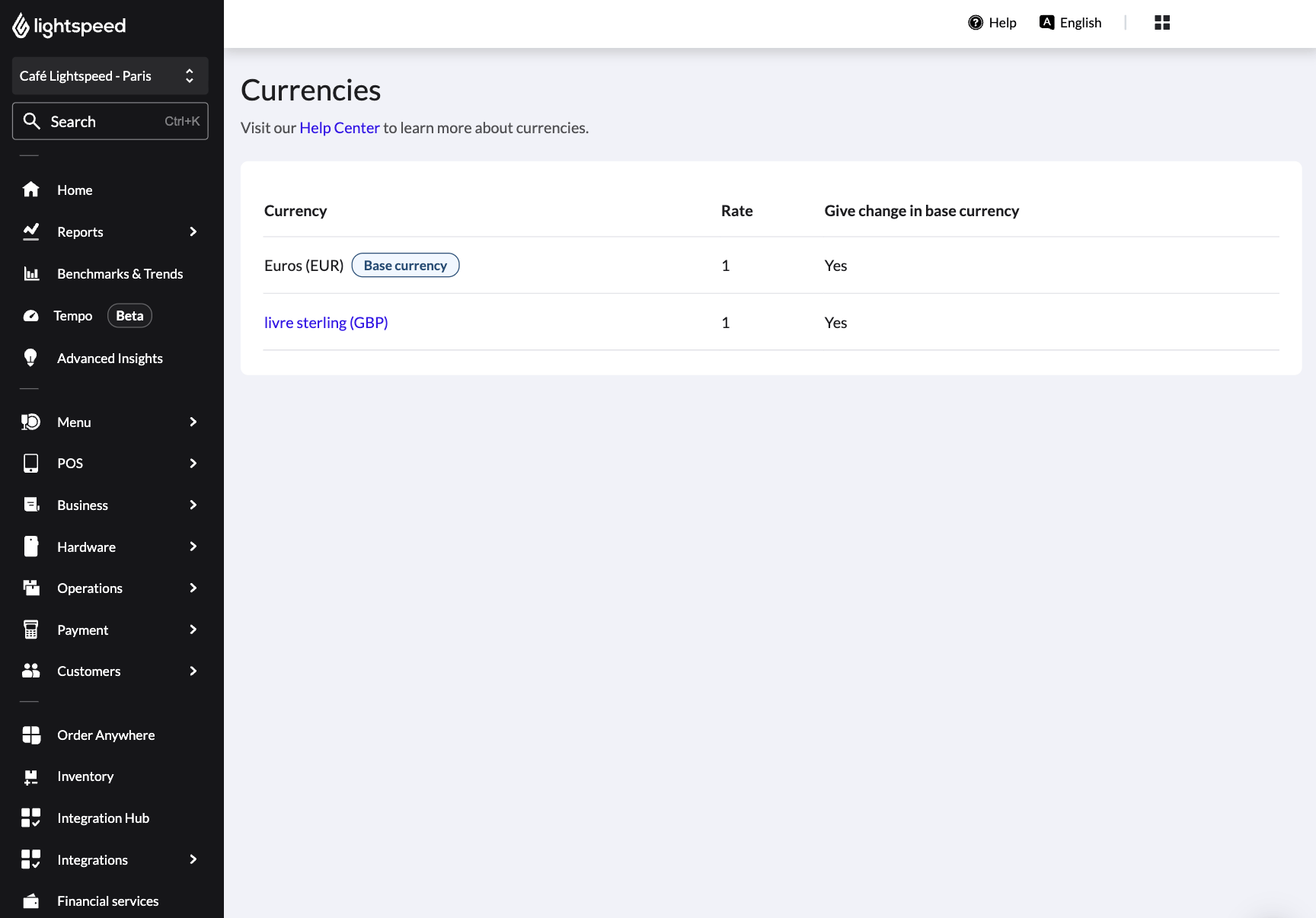 The main Currencies page in the Back Office