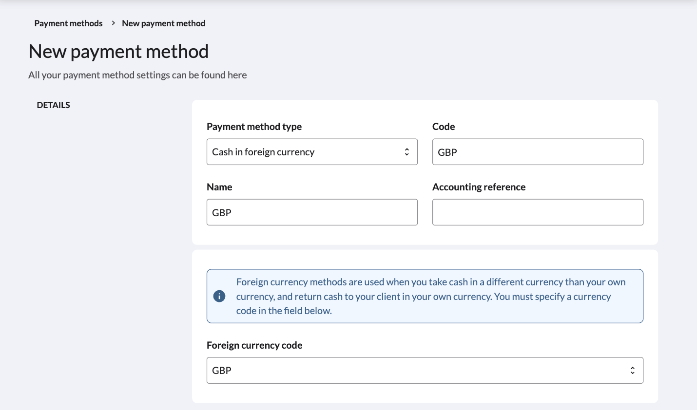Creating a new payment method for a foreign currency