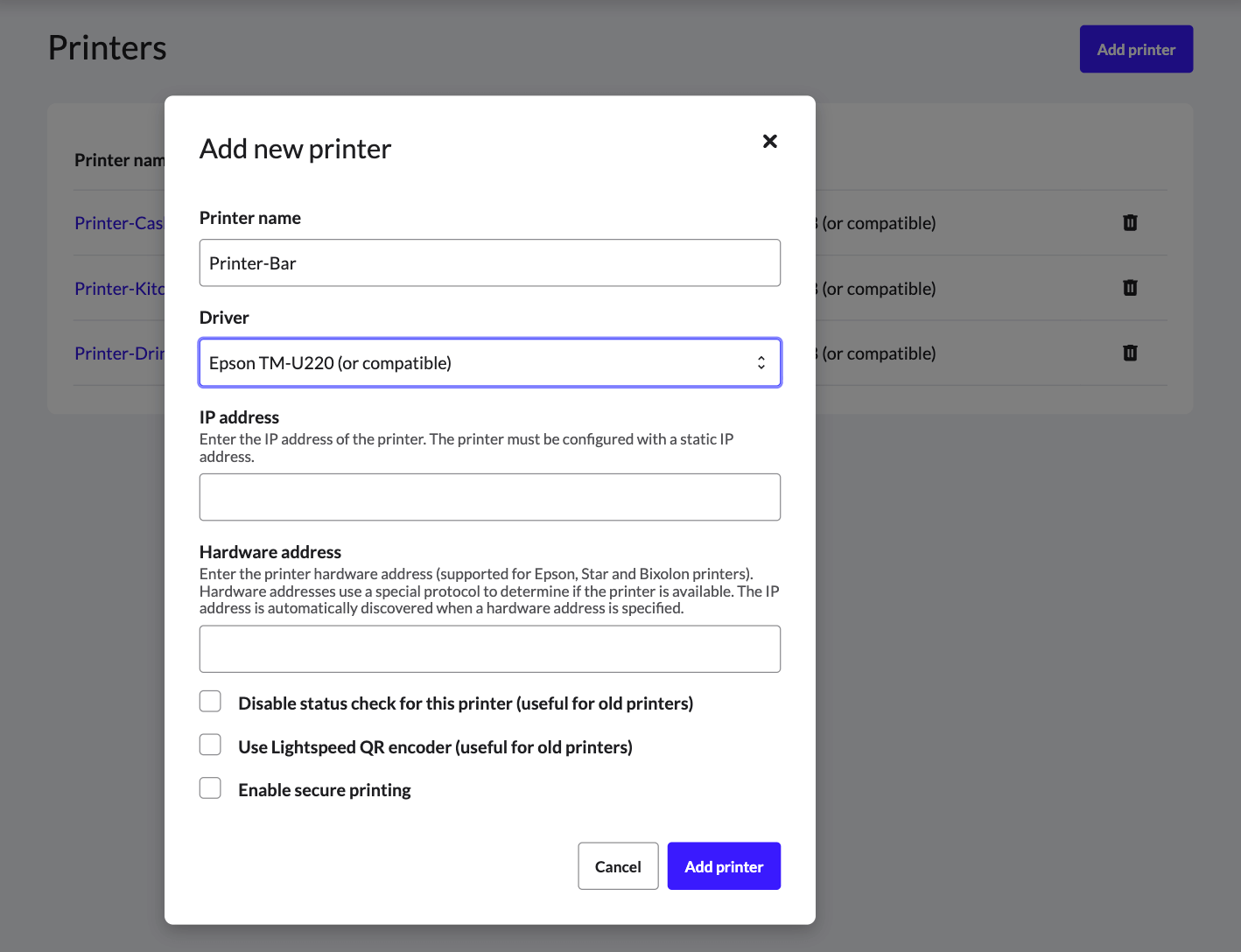 Das Popup-Modal zum Hinzufügen eines neuen Druckers zu Lightspeed Restaurant