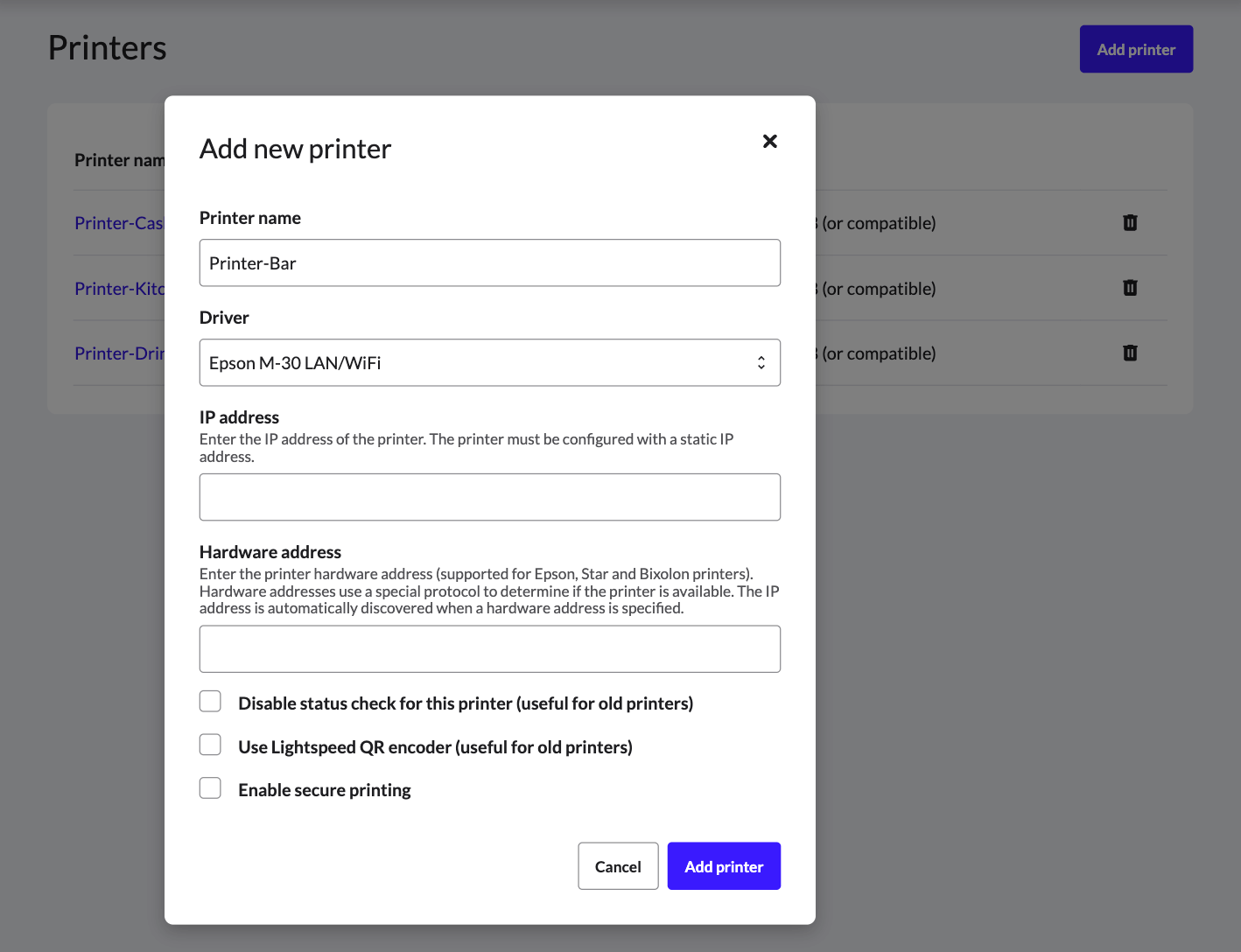 Fenêtre contextuelle permettant d’ajouter une nouvelle imprimante au back-office Lightspeed Restaurant.