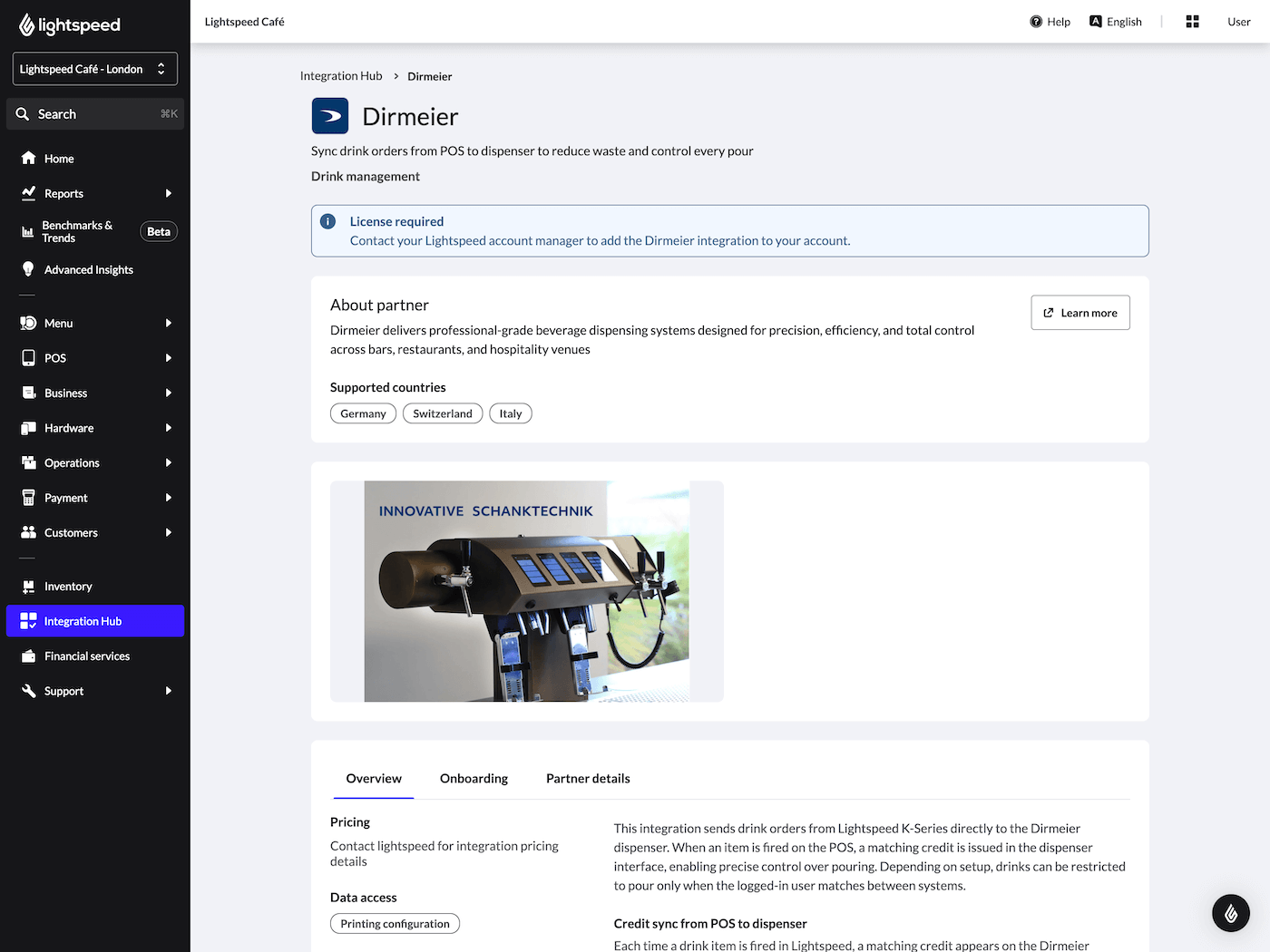 Details for a drink dispenser integration in the Integration Hub