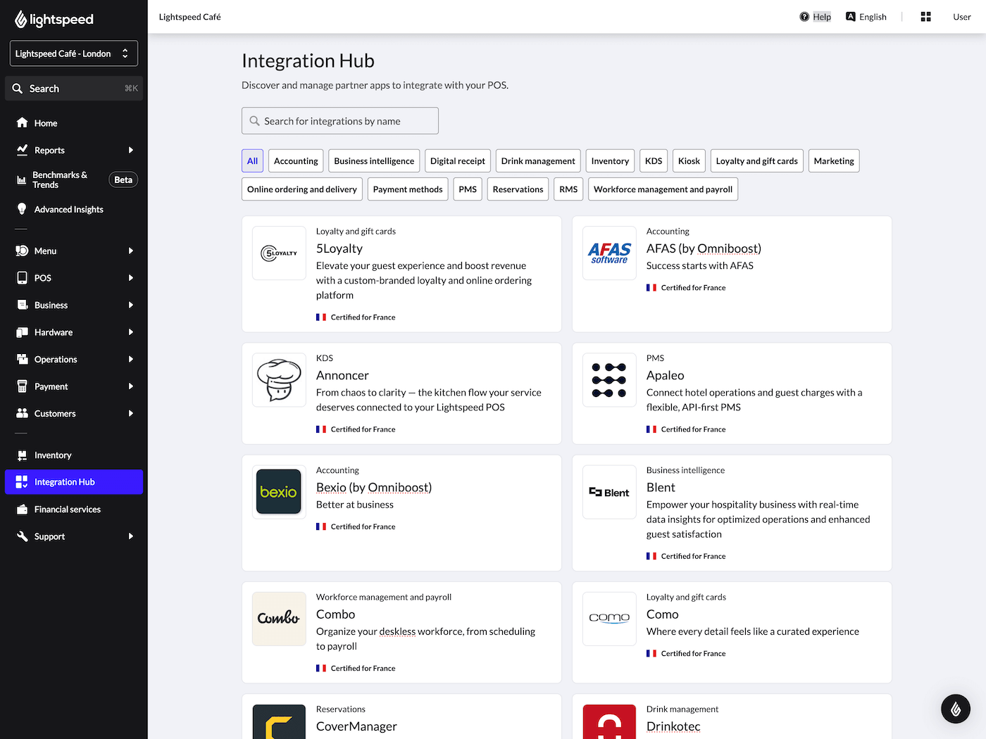 Page d'accueil du hub d'intégrations affichant une liste de plusieurs intégrations.