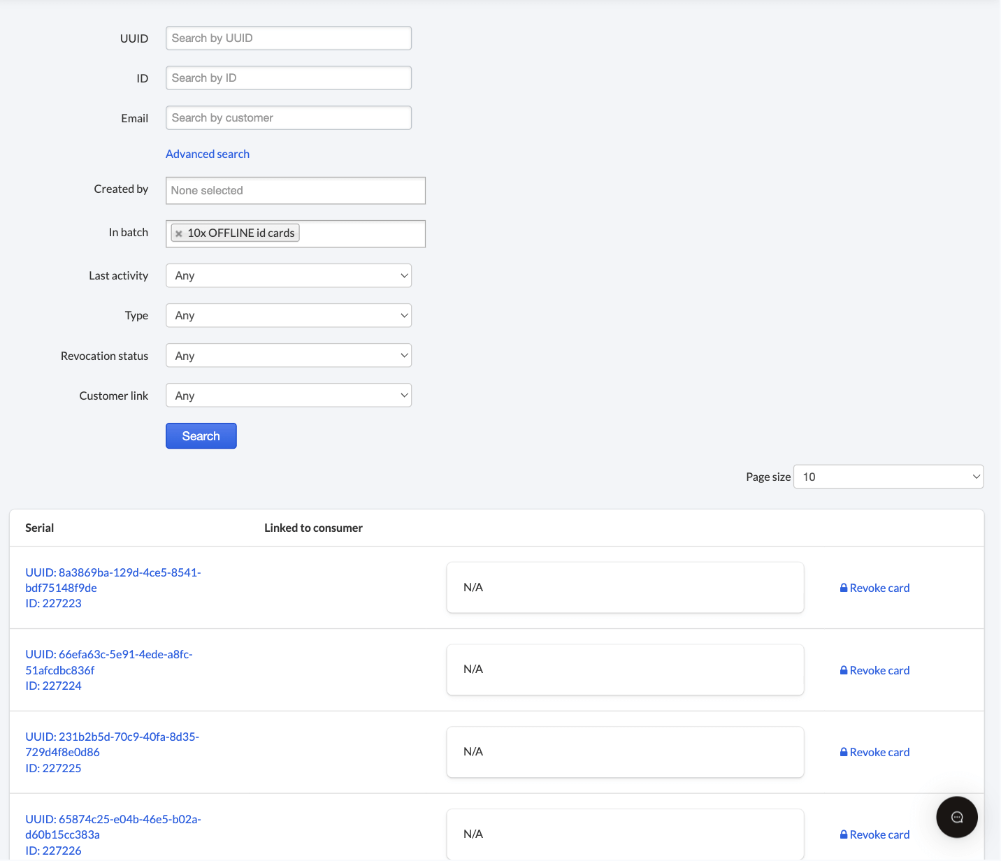 The card search filters