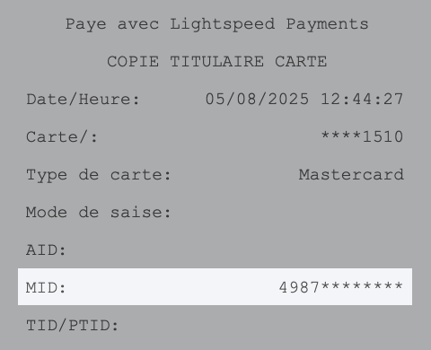 Image d'un ticket de carte bancaire. L'identifiant de marchand (MID) Mastercard est mis en surbrillance.