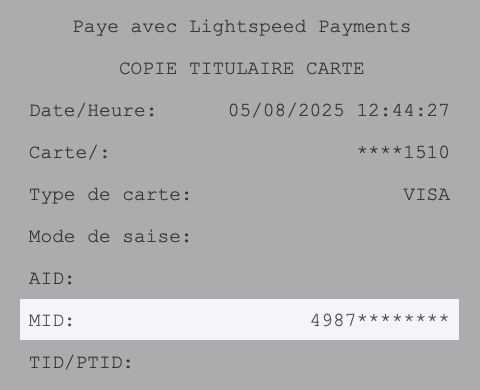 Image d'un ticket de carte bancaire. L'identifiant de marchand (MID) Visa est mis en surbrillance.