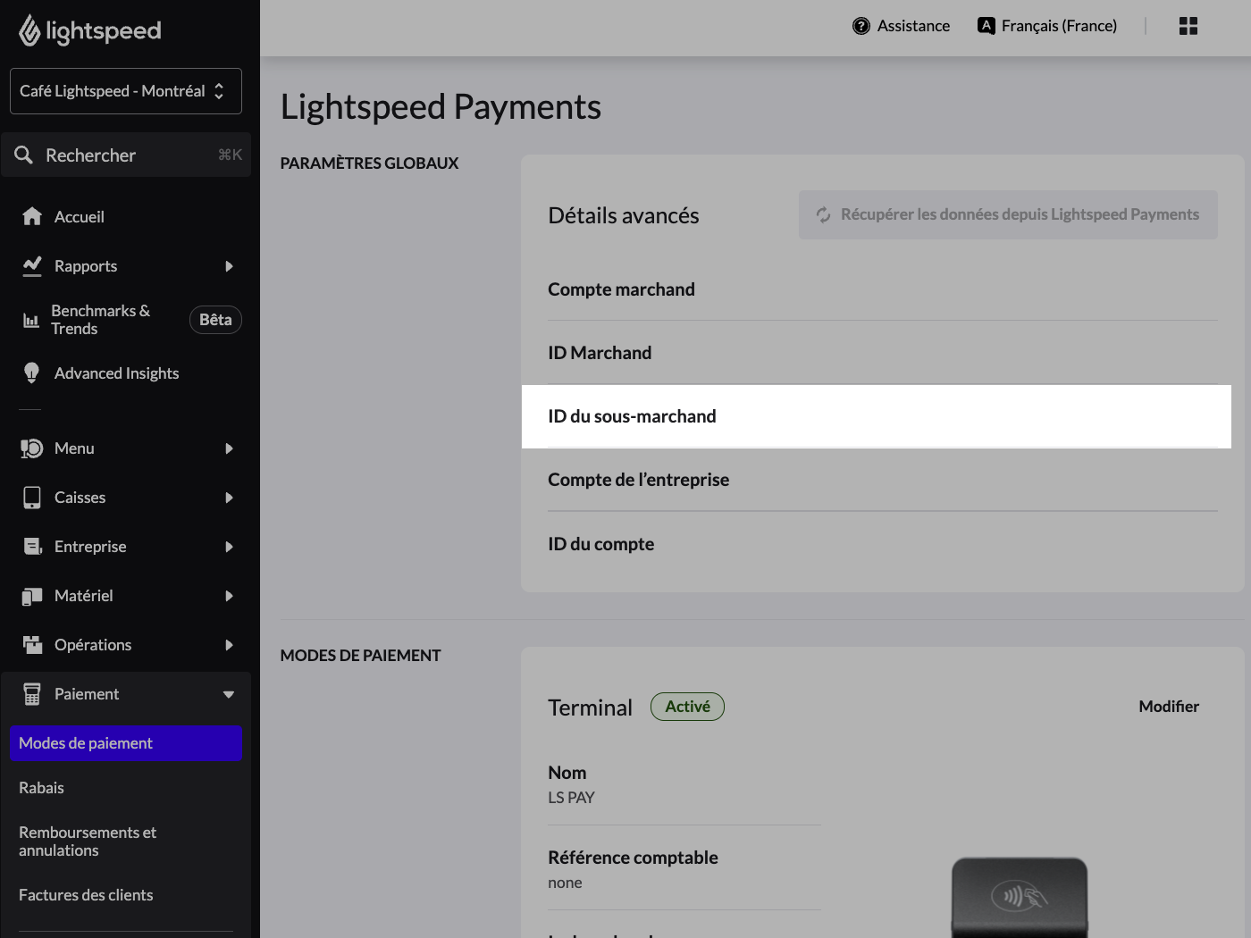 La page des Détails avancés de Lightspeed Payments dans le back-office. L'identifiant de sous-marchand (SUB-MID) est mis en surbrillance