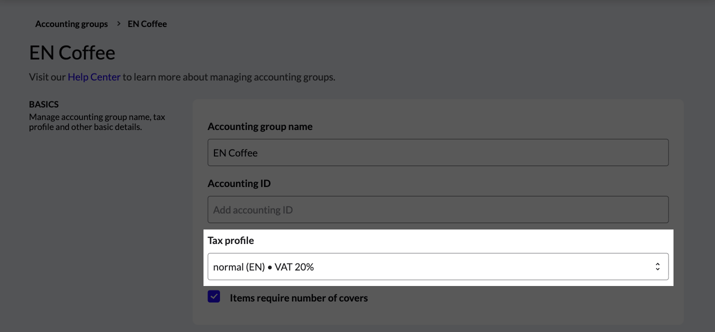 An Accounting group with the Tax profile section highlighted