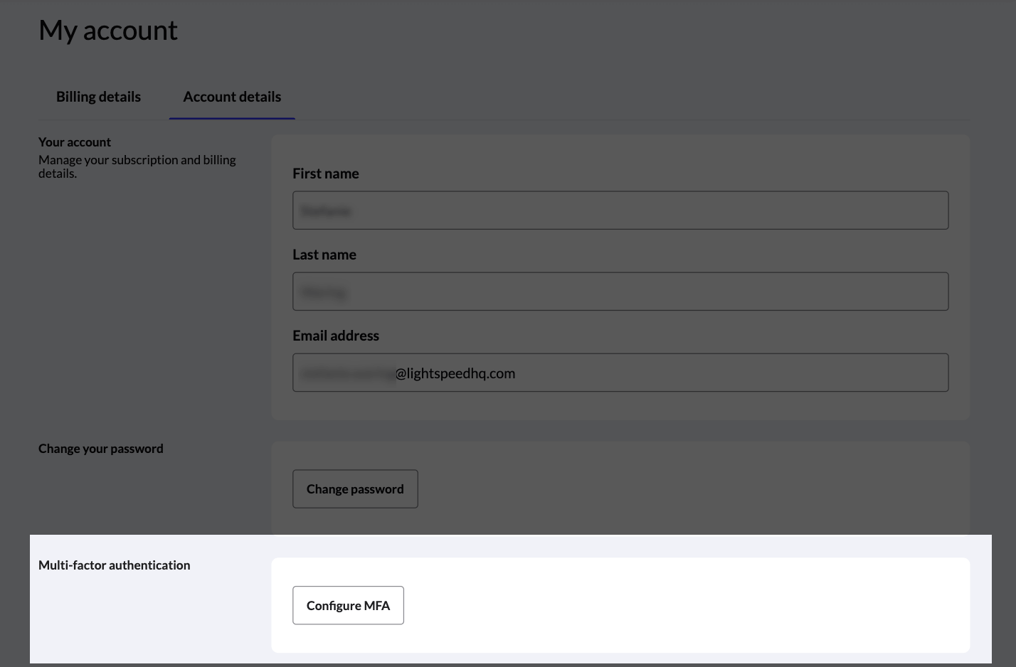 The Configure MFA button highlighted