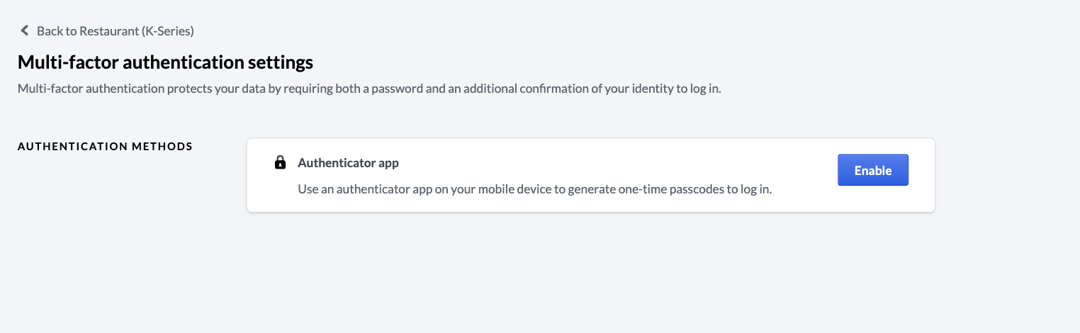 The screen to enable MFA