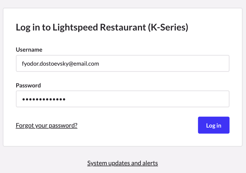 The Lightspeed Restaurant K-Series login page