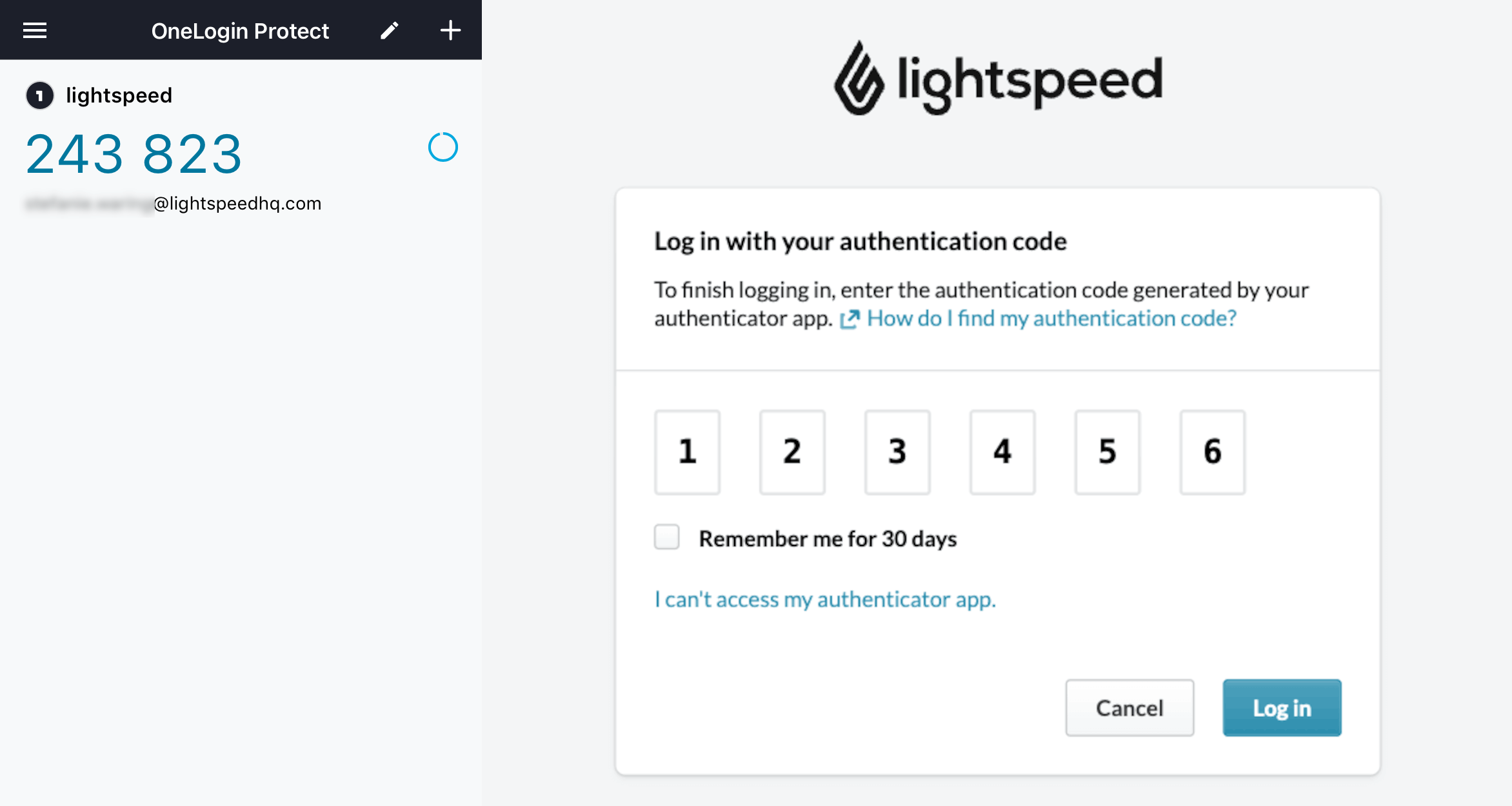An example of the OneLogin Protect code and where to enter it in Lightspeed Restaurant