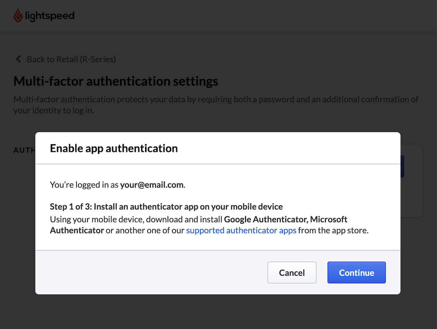 Step 1 of the Enable app authentication pop-up window