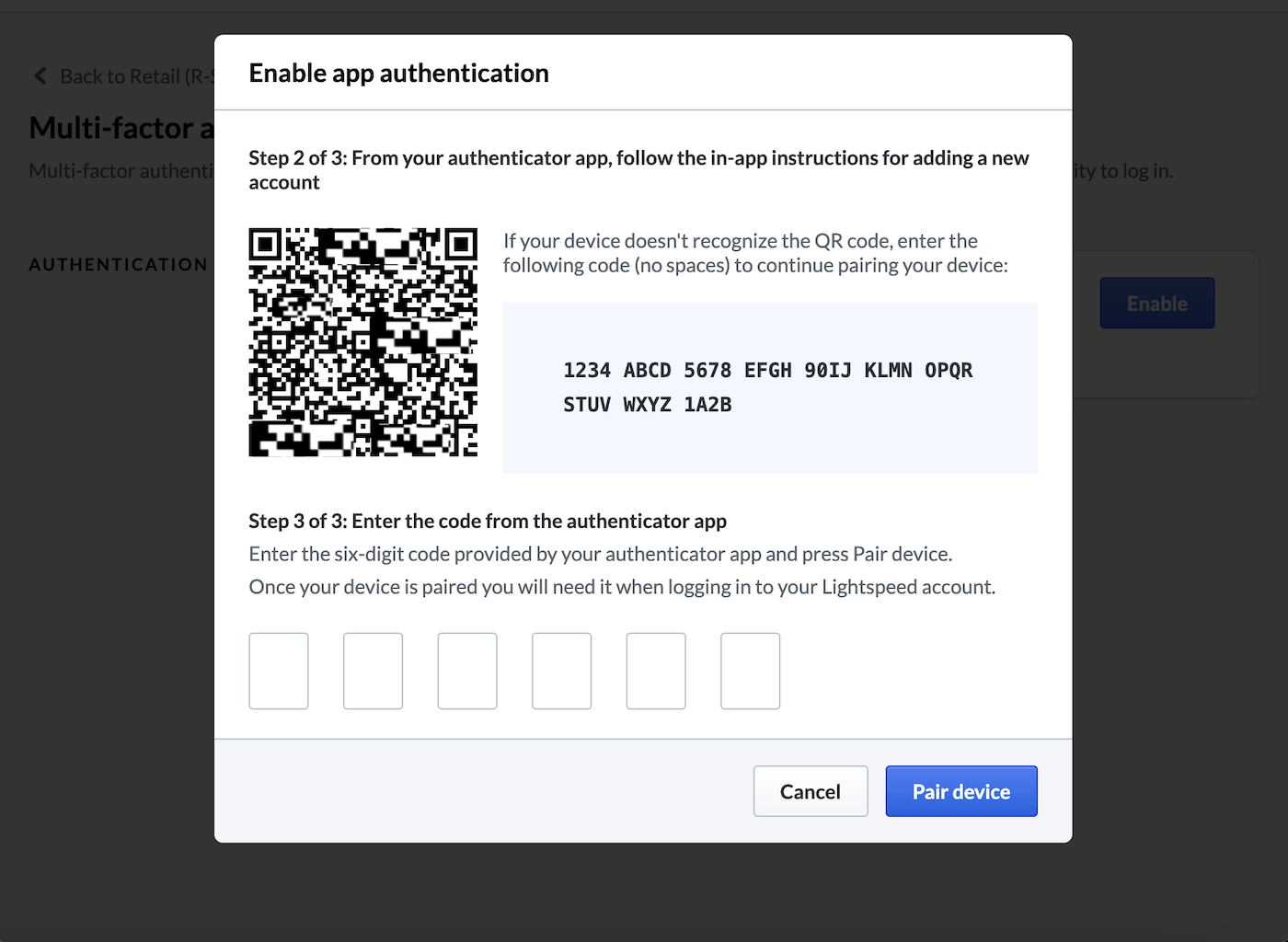 Enable app authentication pop-up window with example QR code, recovery code, and authenticator app code
