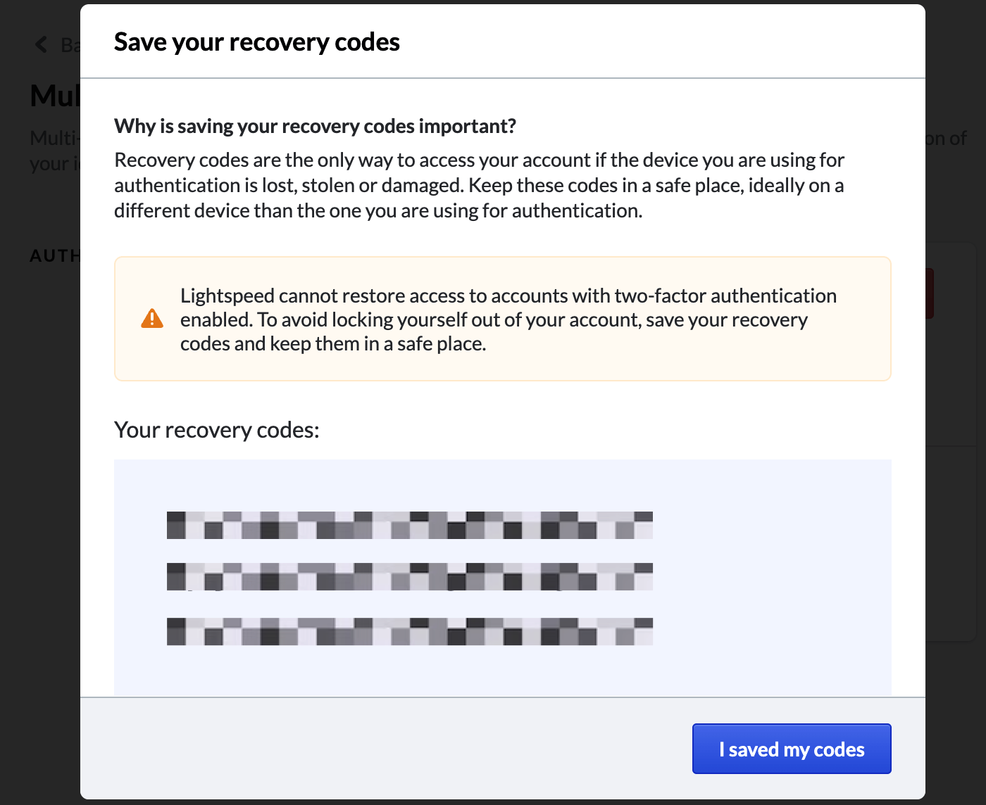 The Save your recovery codes pop-up window
