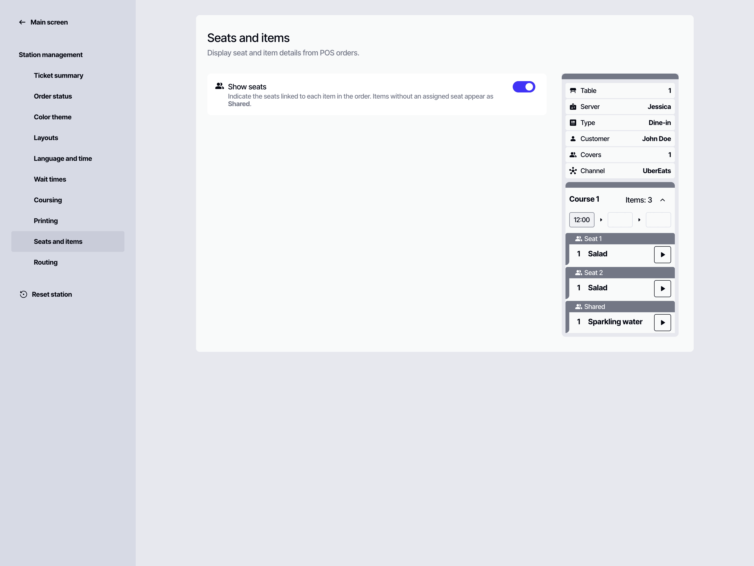Informations sur les sièges affichées dans le KDS