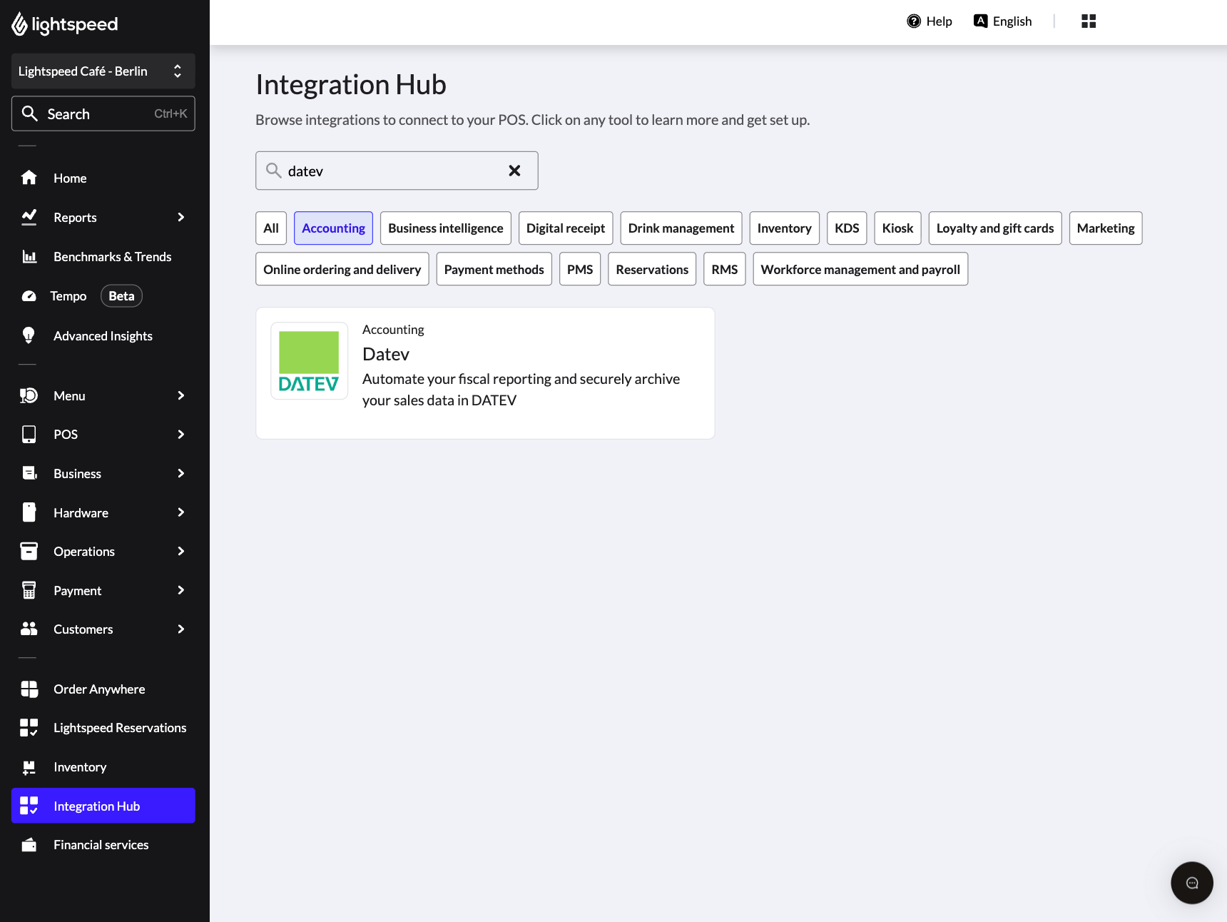 The DATEV tile in the Integration Hub